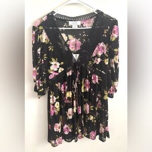 Babydoll Blouse Floral Boho Peasant Top Lace Trim Romantic Cottagecore Sheer